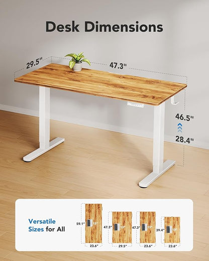 HUANUO Electric Standing Desk, Whole Piece Desktop, Adjustable Height Computer Desk, 4 Height Memory Settings, Sit Stand Up Desk for Home Office, 48" x 30", Light Vintage