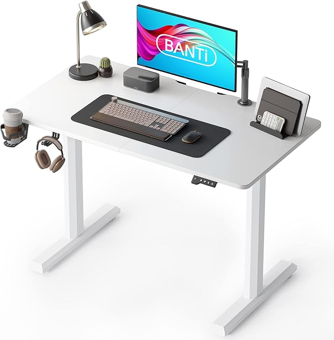 BANTI 55 x 24 Inches Standing Desk, Height Adjustable Electric Standing Desk, Stand up Table, Sit Stand Home Office Desk with Splice Board, White