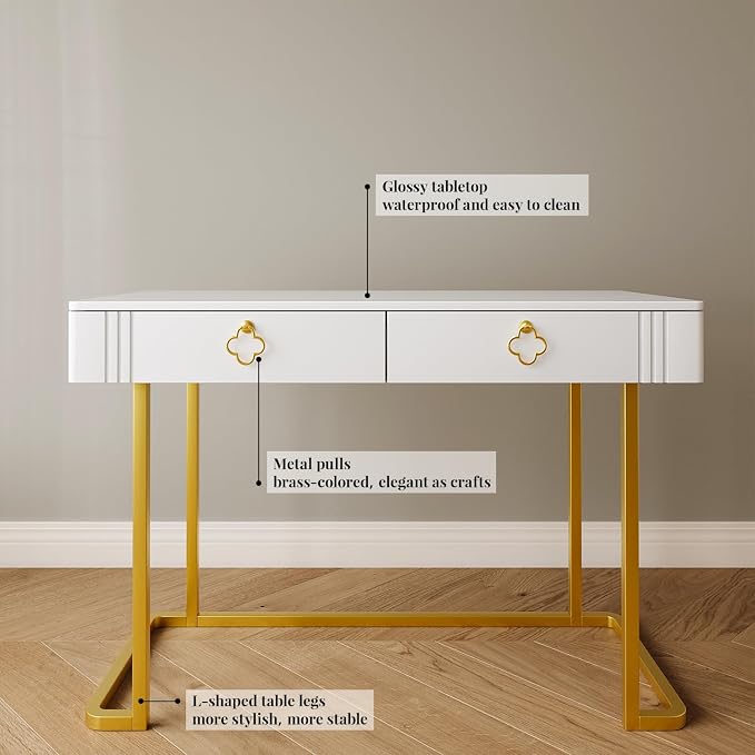 Tamworth Design White Vanity Desk with 2 Drawers, Gold and White Desk,Home Office Desk Modern Makeup Vanity Table, Entryway Console Table, Sofa Table (Deluxe Leg)