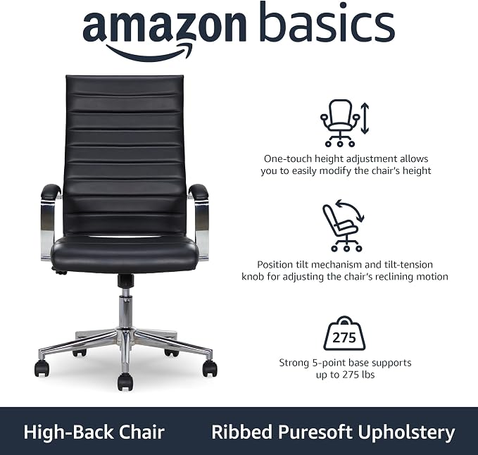 Amazon Basics High-Back Swivel Office Chair with Lumbar Support, Ergonomic Ribbed Faux Leather, Adjustable Height, 45.25" x 24.75" x 23.25", Black