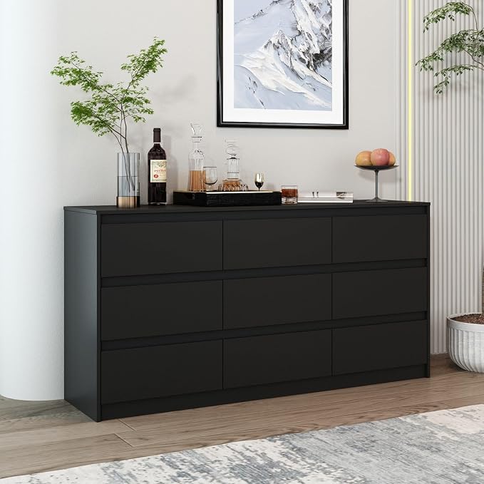 Home Office Cabinet with 9 Storage Units, 63” Lateral File Cabinet with No Handle Drawers, Wide Storage Cabinet, Black, 15.7”D x 63”W x 31.5”H