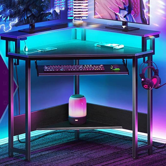 Corner Gaming Desk - ,44.5" W x 34.5" H Small Computer Desk with Power Outlets,Home Office Desk with LED Lights, Triangle Corner Table with Keyboard Tray & Monitor Stand for Small Space, Black