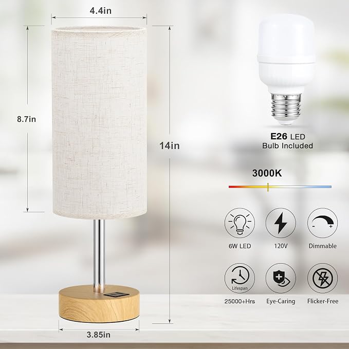 Dicoool Touch Bedside Table Lamp with USB - 3 Way Dimmable Wood Lamp for Bedroom Nightstand, Desk Lamp with Charging Station for Dorm, Living Room, Office, Kids Room, Small, 14in