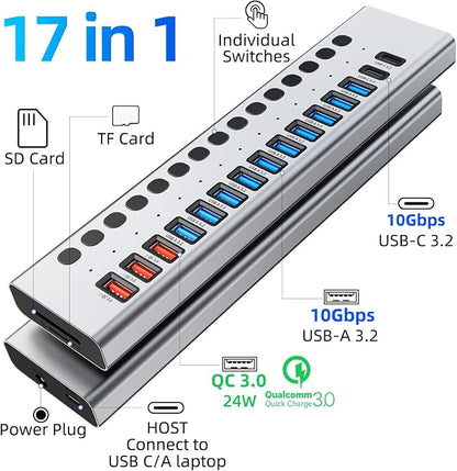 Powered USB Hub 10Gbps, 17 Ports 96W USB 3.2 Hub(10 USB-A 3.2 Ports+3 QC 24W Fast Charging Ports+2 USB-C 3.2 Ports+SD/TF Card Reader), 12V/8A Power Adapter for Laptop, PC, Computer, HDD,Flash Drive