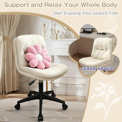 Small Office Desk Chair, PU Leather Armless Swivel Chair with Lumbar Pillow, Height Adjustable Task Chair for Small Spaces, Bedroom & Vanity Beige