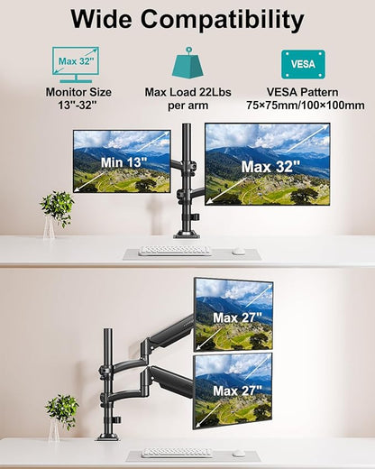 Dual Monitor Stand for 2 Screens up to 32 inch, Vertical Stacked Dual Monitor Mount, Full Motion Adjustable Tall Double Monitor Desk Mount, Each Arm Holds 4.4-22lbs, VESA 75/100mm, Black, Freelift