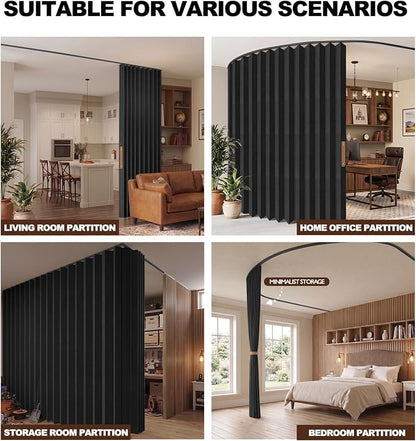 JILRON Accordion-Style Room Divider with Ceiling Track - Foldable Partition Curtain, Easy Installation(Black 180" W x 84" L-Pack of 1)