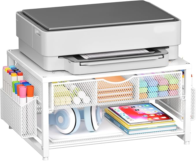 Marbrasse Metal Printer Stand for Desk with Storage Drawer and 2 Pen Holders, 2-Tier Desktop Organizer Printer Table for Home Office, Multi-Purpose Desk Organizer for Fax Machine Scanner Files(White)