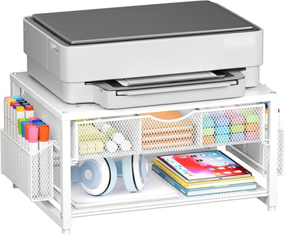 Marbrasse Metal Printer Stand for Desk with Storage Drawer and 2 Pen Holders, 2-Tier Desktop Organizer Printer Table for Home Office, Multi-Purpose Desk Organizer for Fax Machine Scanner Files(White)