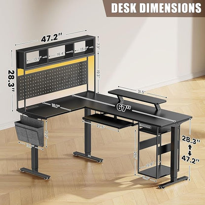 Flycity Electric L Shaped Standing Desk Adjustable Height, 67" x 47" Corner Computer Desk with Host Shelf, Gaming Desk with LED Lights & Power Outlet, Dual Motor Home Office Desk with Storage, Black