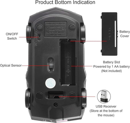 CHUYI Cool Sports 3D Car Shape Wireless Mouse Optical Cordless Mice with USB Receiver for Office School Home Travel for PC Laptop Computer Gift (Black-1 Pack)
