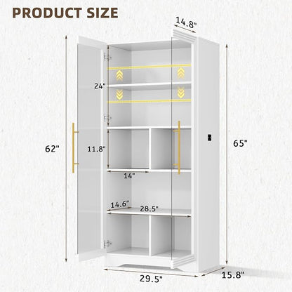 Vlsrka LED Display Cabinet with Glass Doors, Modern Storage Cabinet with 5 Tier Adjustable Shelves, Human Sensor, for Collectibles, 65" Tall Bookcase for Home Office Living Room, White