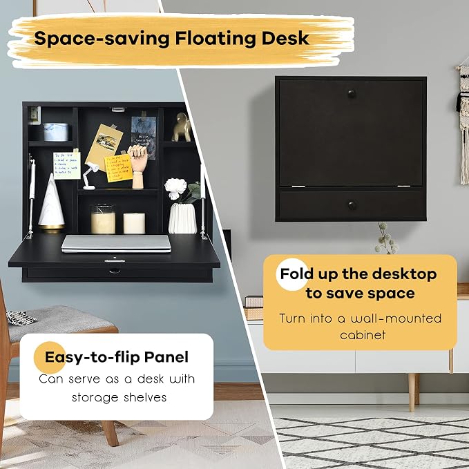 Tangkula Pneumatic Floating Desk - Wall Mounted Laptop Desk with Magnetic Foldable Tabletop, Space Saving Table with Storage Drawer and Shelves (Black)