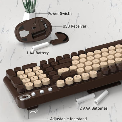 Wireless Keyboard and Mouse Combo, 2.4GHz USB Receiver, Plug and Play, Retro Full Size Typewriter Keyboard and Wireless Mouse for Computer, Laptop, Windows, Mac, and PC (Coffee)