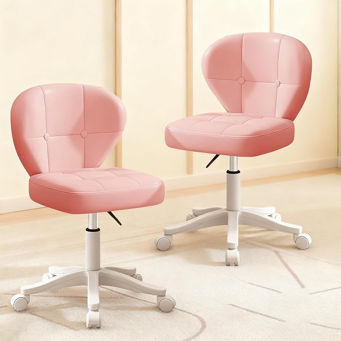 Small Office Chair with Lumbar Support, PU Leather Armless Swivel Desk Chair Adjustable Height, Compact Rolling Chair for Home Office, Bedroom, Study Pink Set of 2