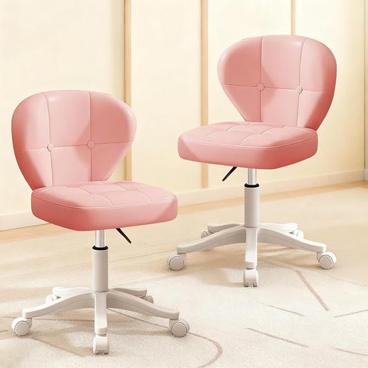 Small Office Chair with Lumbar Support, PU Leather Armless Swivel Desk Chair Adjustable Height, Compact Rolling Chair for Home Office, Bedroom, Study Pink Set of 2