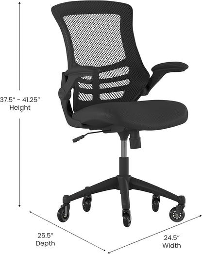 Flash Furniture Kelista Mid-Back Black Mesh Swivel Ergonomic Task Office Chair with Flip-Up Arms and Transparent Roller Wheels
