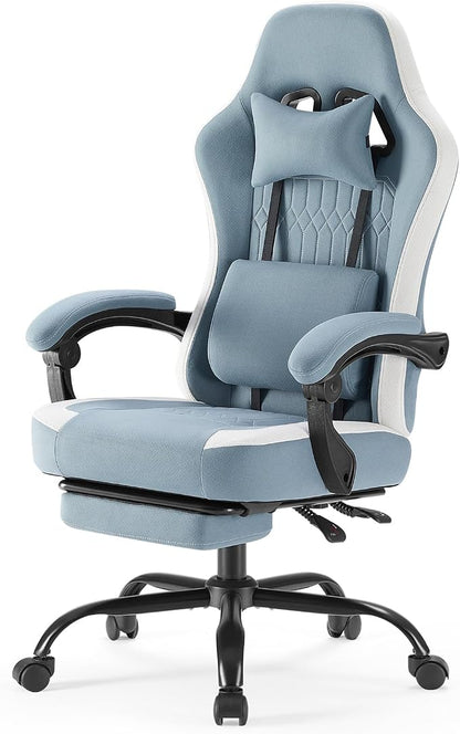 Computer Gaming Chair - High Back Ergonomic Desk Chair with Footrest and Lumbar Support, Height Adjustable Task Chair with Linkage Armrests and Headrest, 360° Swivel Wheels, Blue