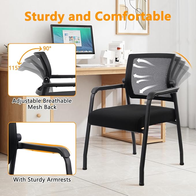 KLASIKA Desk Chair No Wheels with Adjustable Mesh Backrest, Arm Chair with Ergonomic Lumbar Support and Thickened Seats Cushion, Waiting Room Chairs for Office School Church Guest Reception, 2PACK
