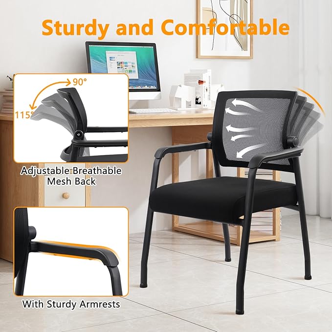 KLASIKA Desk Chair No Wheels with Adjustable Mesh Backrest, Arm Chair with Ergonomic Lumbar Support and Thickened Seats Cushion, Waiting Room Chairs for Office School Church Guest Reception, 4PACK