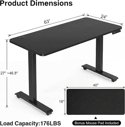 Electric Standing Desk 63 x 24 Inches Adjustable Height Sit Stand Up Desk for Home Office Computer Workstation Memory Preset with Wheels, Black