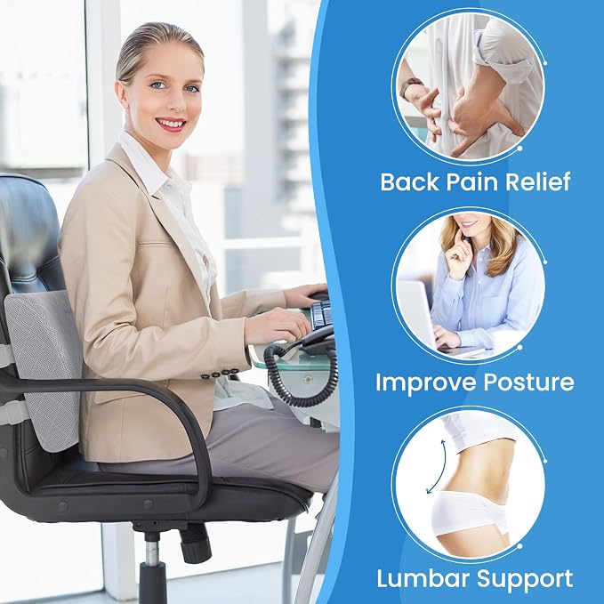 Lumbar Support Pillow for Office Chair Back Support Lumbar Pillow for Car, Gaming, Office Chair - Improve Sitting Posture & Back Pain Relief, Memory Foam, Adjustable Straps, Light Grey