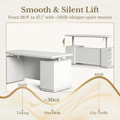 70 Inch Executive Standing Desk with File Cabinet, L Shaped Electric Height Adjustable Desk with AC/USB and Privacy Panel, Computer Corner Table for Home Office, White