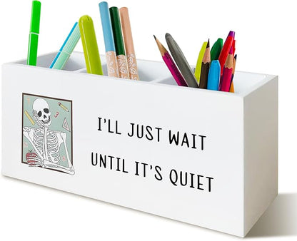 Funny Teacher Pencil Holder, Teacher Desk Decor, Back to School Supplies Gifts for Teachers, Funny Gothic Skeleton Wooden Pen Pencil Holder Organizer for Classroom Office Desk Accessories