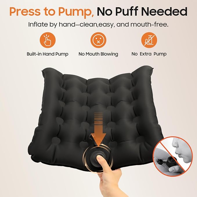 Lumbar Support Pillow, Inflatable Seat Cushion, Lightweight Car Back Cushion, Portable Chair Seat & Back Cushions for Office, Outdoor, Flight, Workplace, Black Stadium Cushions with TPU