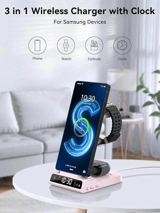 Wireless Charger for Samsung Charging Station with Clock for Samsung Galaxy S25 Ultra/S24 Ultra/Z Flip 7/Z Fold 6/Galaxy Bud, 3 in 1 Charger Station Watch Charger for Galaxy Watch 8/7/6/5Pro(Pink)