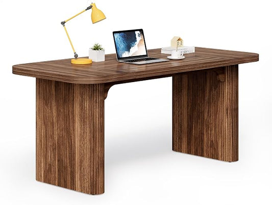 LITTLE TREE 62-Inch Computer Desk, Large Simple Writing Desk with Fluted Doube Pedestal, Modern Home Office Desk, Wooden 5 Ft Small Conference Meeting Seminar Table, Dark Walnut