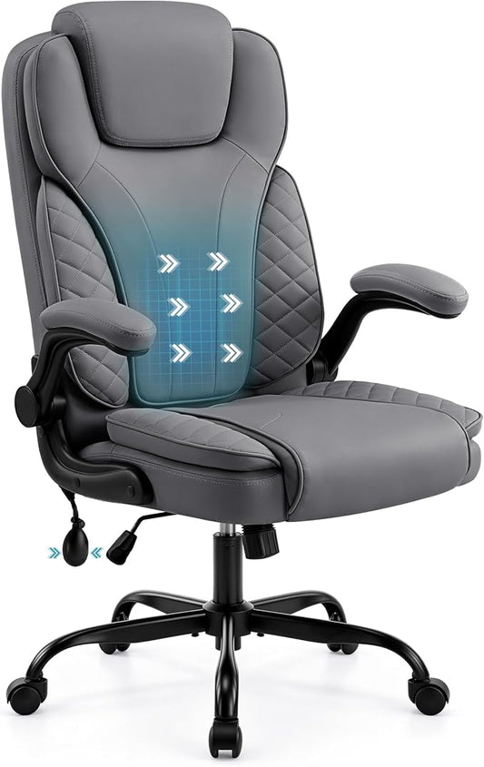 Ergonomic Office Chair, PU Leather High Back Executive Chair with Adjustable Inflatable Lumbar Support and Padded Flip-Up Arms, Recline Swivel Task Computer Chair for Home Office, Gray