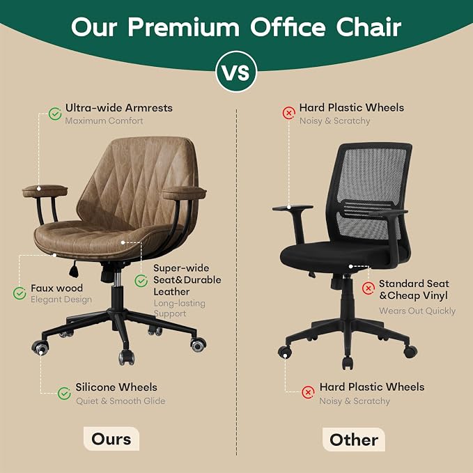 Office Desk Chair with Rubber Casters and Padded Arms, Premium Camel Brown Faux Leather Computer Chair, Height Adjustable Vintage Rolling Swivel Executive Task Chair for Home Office