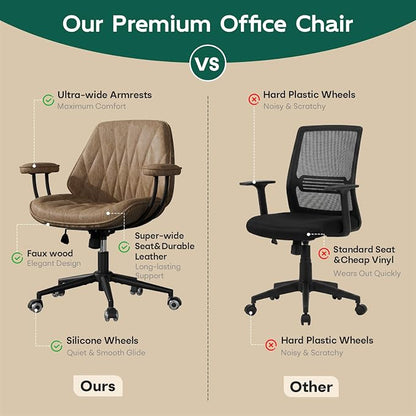Office Desk Chair with Rubber Casters and Padded Arms, Premium Camel Brown Faux Leather Computer Chair, Height Adjustable Vintage Rolling Swivel Executive Task Chair for Home Office
