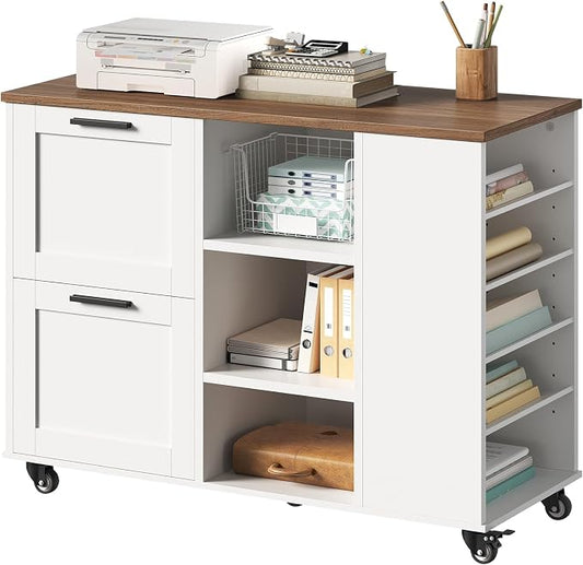 Lateral File Cabinet, 2 Drawers Mobile Filing Cabinet for Home Office, Printer Stand with Adjustable Open Shelves, with Locking Casters, fit Legal/Letter/A4 Files, Walnut and White