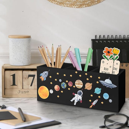Outer Space Decor Wooden Pen Pencil Holder for Desk, Astronaut Space Themed Bedroom Decor Gift for Kids, The Solar System Wood Makeup Brush Toothbrush Holder Organizer for Library Bedroom