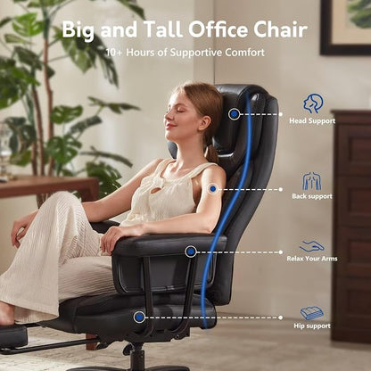 Executive Office Chair Big and Tall 500LBS, 165° Reclining Office Chair with Footrest, Leather Desk Chair with Quiet Rubber Wheels, Height Adjustable, Padded Arms, Black