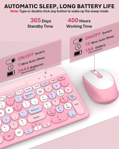 Colorful Wireless Keyboard and Mouse Combo - Round Keycaps, 2.4GHz Retro Typewriter Keyboard with Number Pad, Cute Compact USB Keyboard and Mouse for Computer PC Desktop Laptop (Pink)