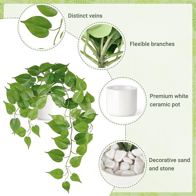 Mkono Fake Hanging Plants with Ceramic Pot, 25" Artificial Plants for Home Decor Indoor Faux Green Leaf Plant with Modern White Planter for Desk Shelf Bathroom Decoration (Pothos) (Green)