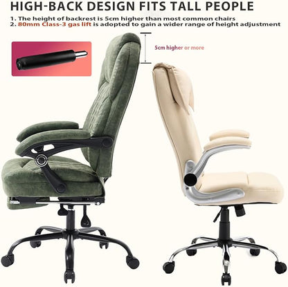 400lbs Reclining Office Desk Chair with Footrest, Mid-Century Modern Plus Size Green Leather Recliner Office Chairs