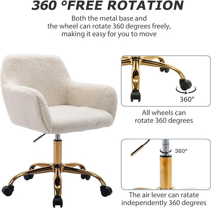 KCC Faux Fur Office Desk Chair, Comfy Swivel Armchair with Wheels, Upholstered Fuzzy Vanity Chair, Adjustable Height, White