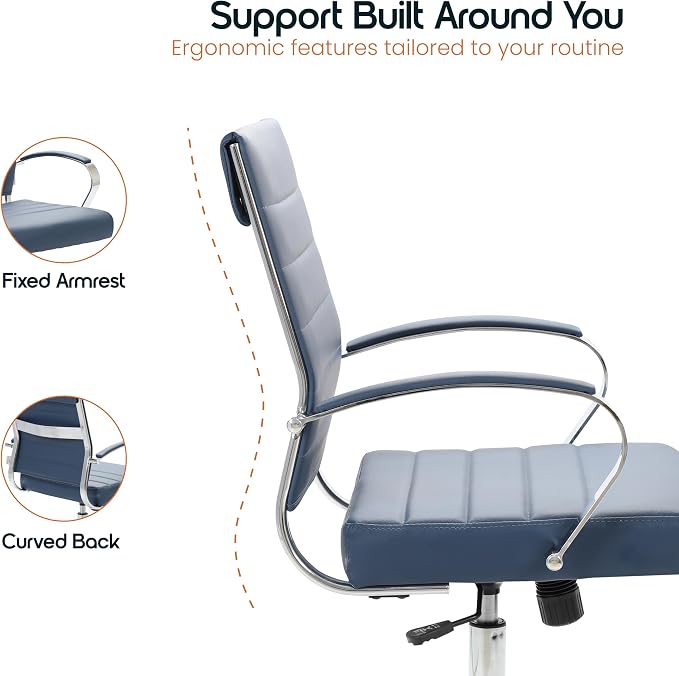 LeisureMod Benmar Leather Office Desk Chair, Mid-Back Ergonomic Swivel Chair with Lumbar Support, Adjustable Height, Tilt Lock, Cushioned Seat & Back, Home Office Task Chair (Navy Blue, Set of 2)