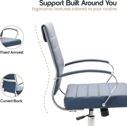LeisureMod Benmar Leather Office Desk Chair, Mid-Back Ergonomic Swivel Chair with Lumbar Support, Adjustable Height, Tilt Lock, Cushioned Seat & Back, Home Office Task Chair (Navy Blue, Set of 2)