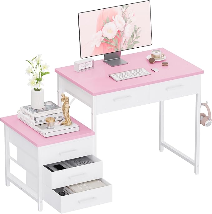 Pamray 47 inch Computer Desk with 5 Drawers and Printer Space for Office | Ample Storage, Space-saving, Easy Assembly, Sturdy, Suitable for Home Office, Study and Writing, Bedroom and Dorms