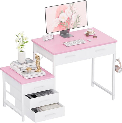 Pamray 47 inch Computer Desk with 5 Drawers and Printer Space for Office | Ample Storage, Space-saving, Easy Assembly, Sturdy, Suitable for Home Office, Study and Writing, Bedroom and Dorms