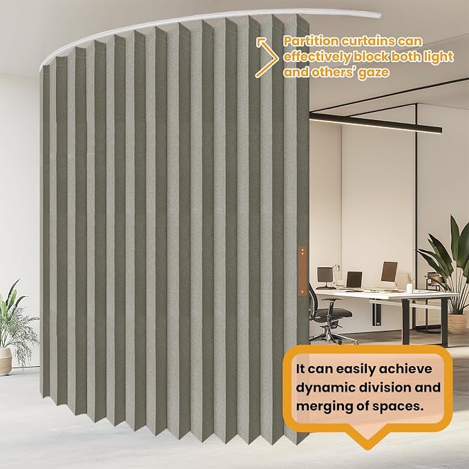 JILRON Folding Accordion Partition Divider with Ceiling Track - Hanging Room Curtain, Quick Setup(Grey 180" W x 96" L-Pack of 1)