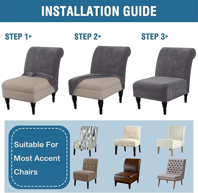 H.VERSAILTEX Armless Accent Chair Covers Thick Velvet Armless Chair Slipcovers High Stretch Chair Covers for Living Room Hotel Machine Washable Furniture Protector with Elastic Bottom, Grey