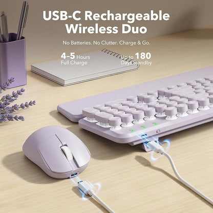 Wireless Keyboard and Mouse Combo, Backlit Round Keycaps, Retro Typewriter Keyboard with Magnetic Wrist Rest, USB-C Rechargeable & Tilt Legs, 2.4GHz Cordless for Mac Windows PC (Glowing Pastel Purple)