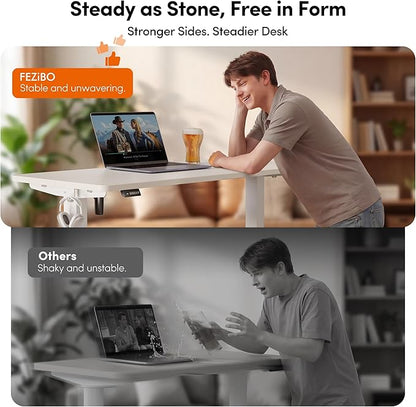 FEZIBO Standing Desk, 55×28 Inches Electric Height Adjustable, Sit Stand Up, Computer Office Desk with Splice Board, While Frame/While TOP