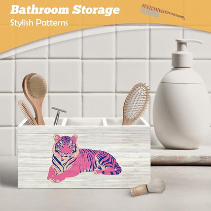 Trendy Retro Pink Tiger Pen Holder Organizer for Desk Accessories, Funky Preppy 70s Wooden Box Sign Desk Decorations for Girly Room Bedroom Dorm School Decor, Tiger Gifts for Women